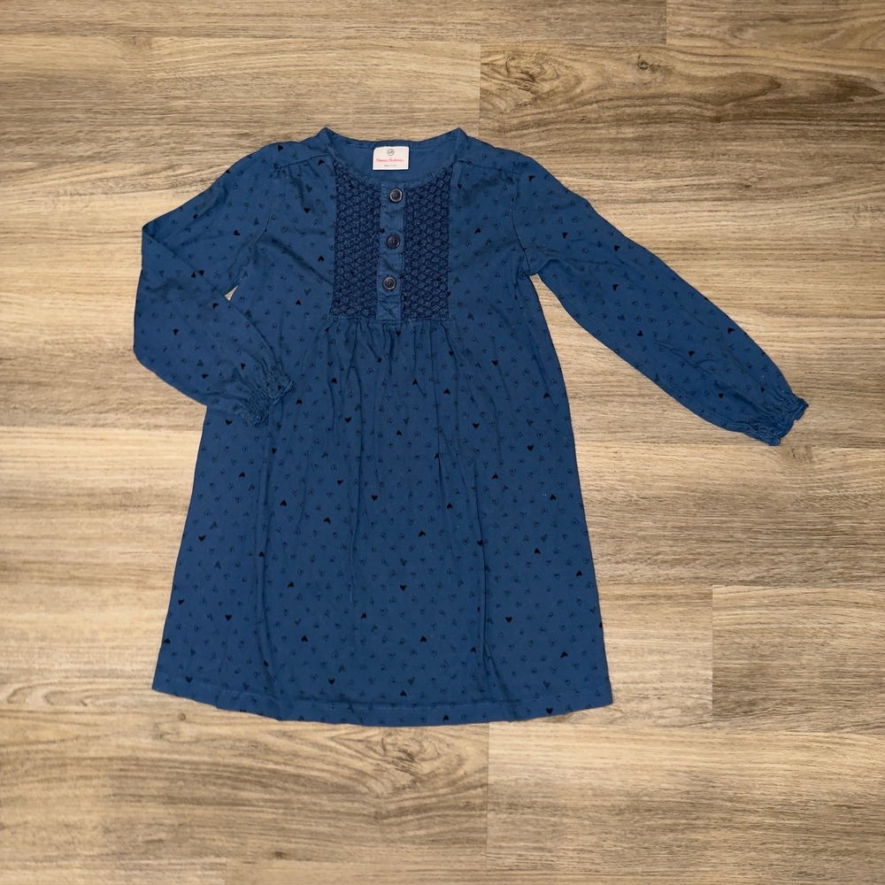 Hanna Andersson Girls Blue Heart Print‎ Dress 120 Boho Long Sleeve